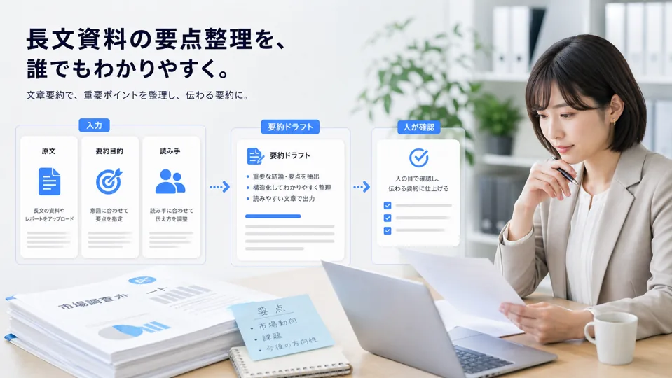 PDFや長文資料を要約ドラフトへ整理するNotta Brainの画面イメージ