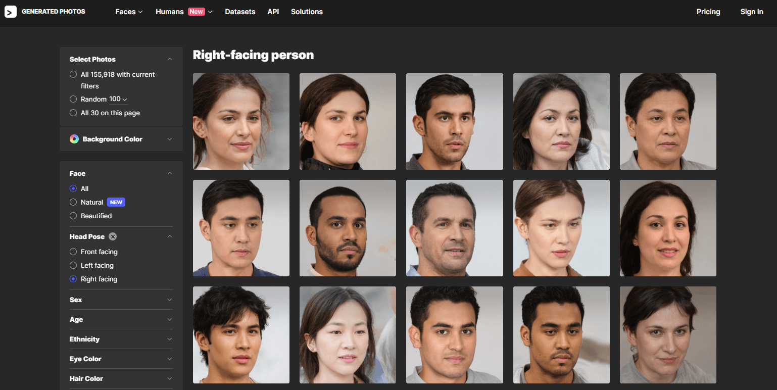 A menu of AI generated male and female faces