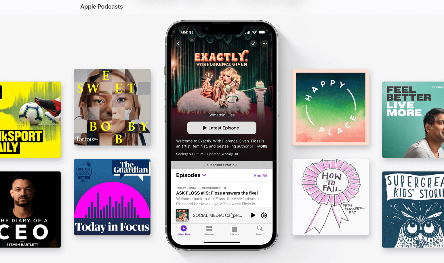 Apple Podcasts homepage showcasing featured podcast