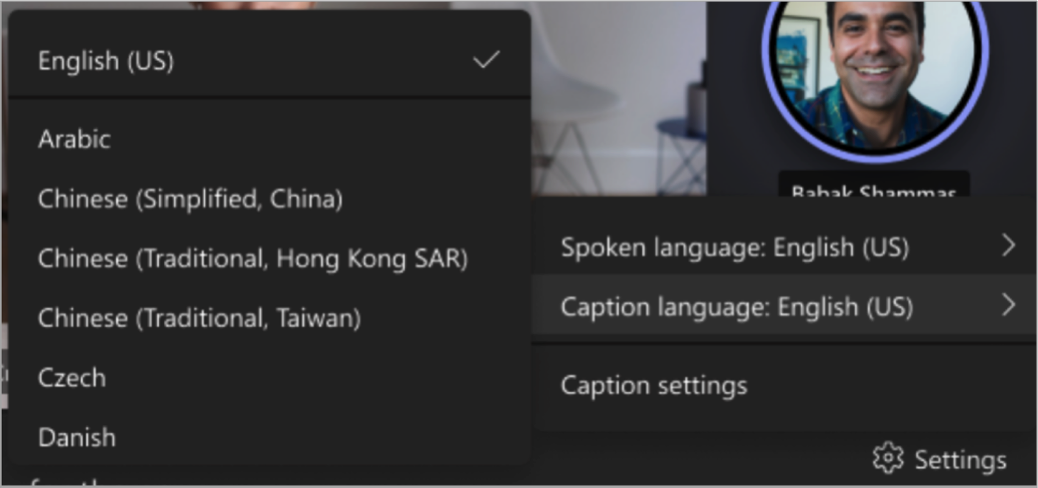 choose the language you want the captions in
