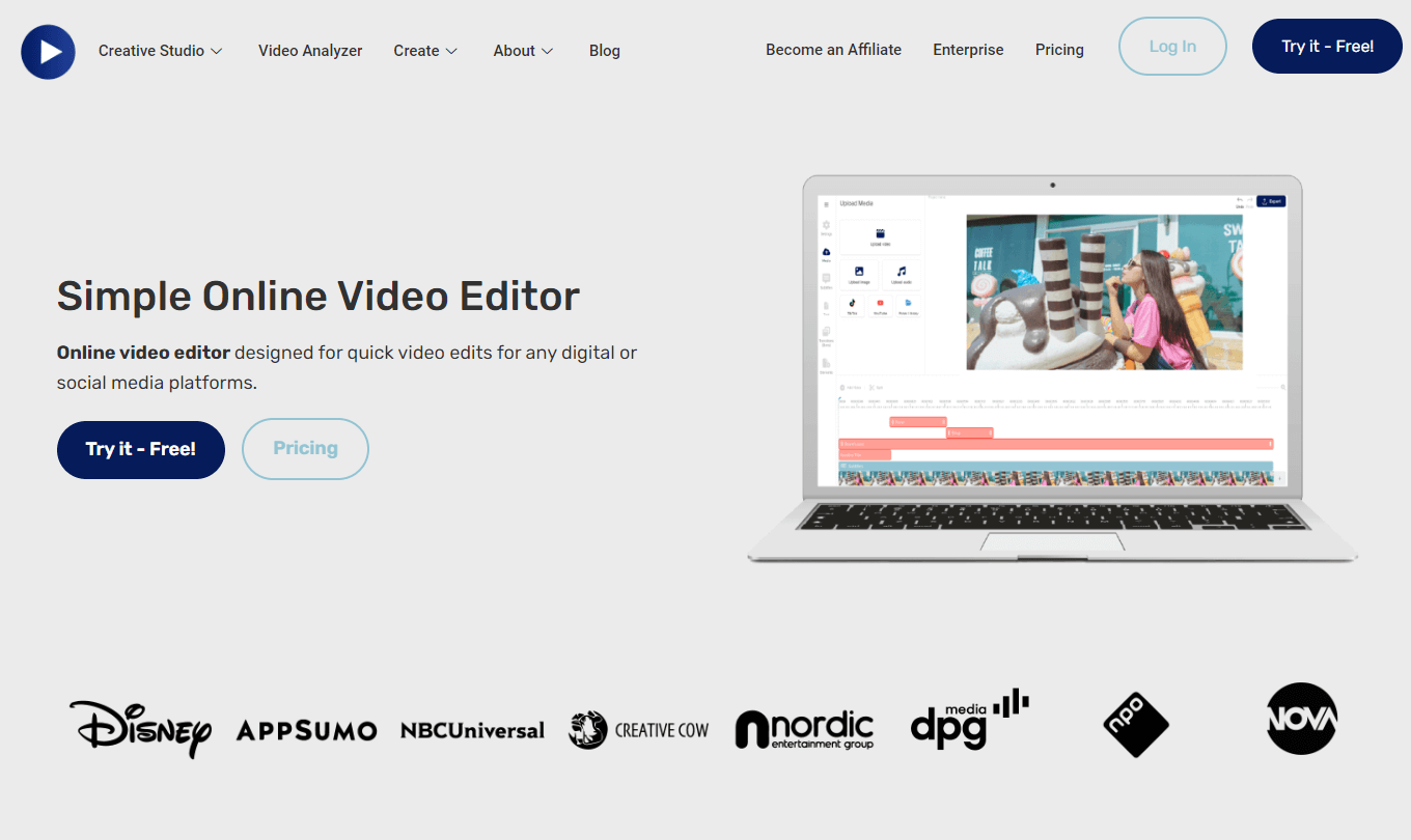 Nova A.I.’s homepage showing their simple video editor