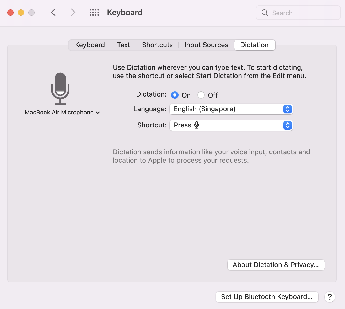 The Apple dictation menu