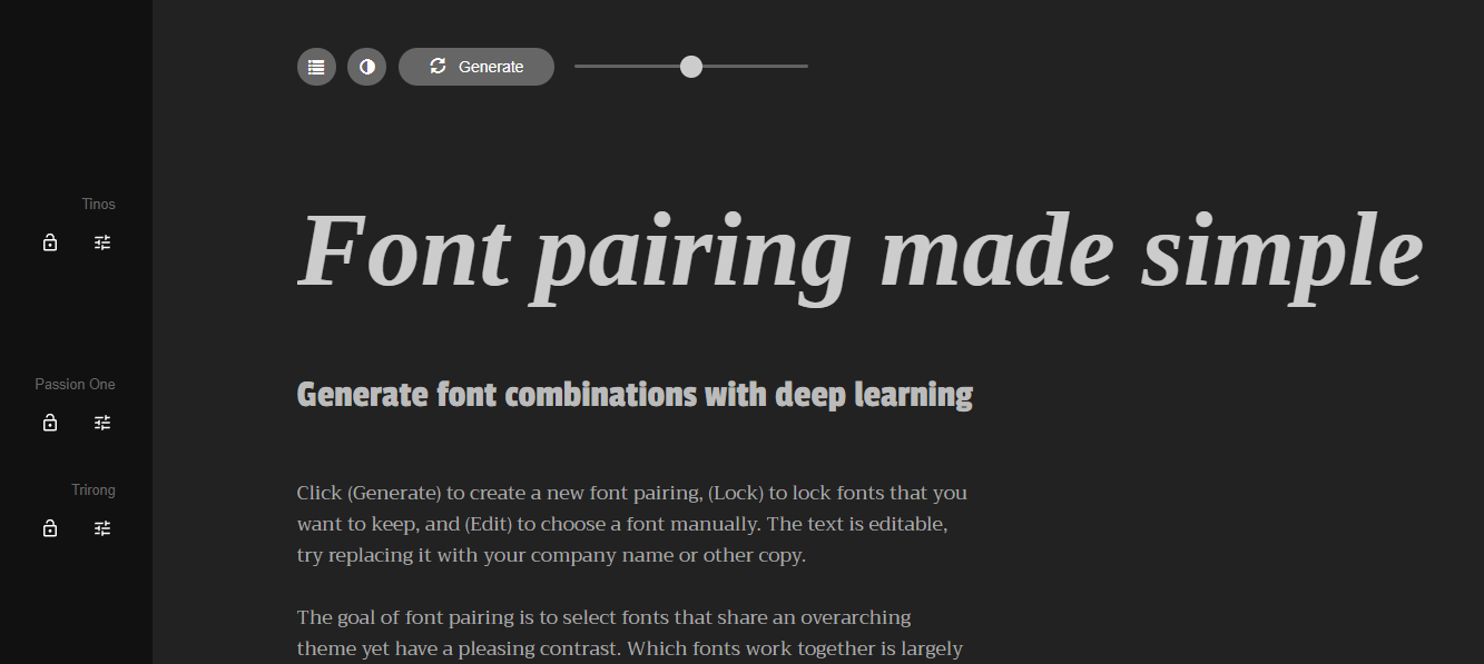 Three randomly generated Google font pairings in Fontjoy