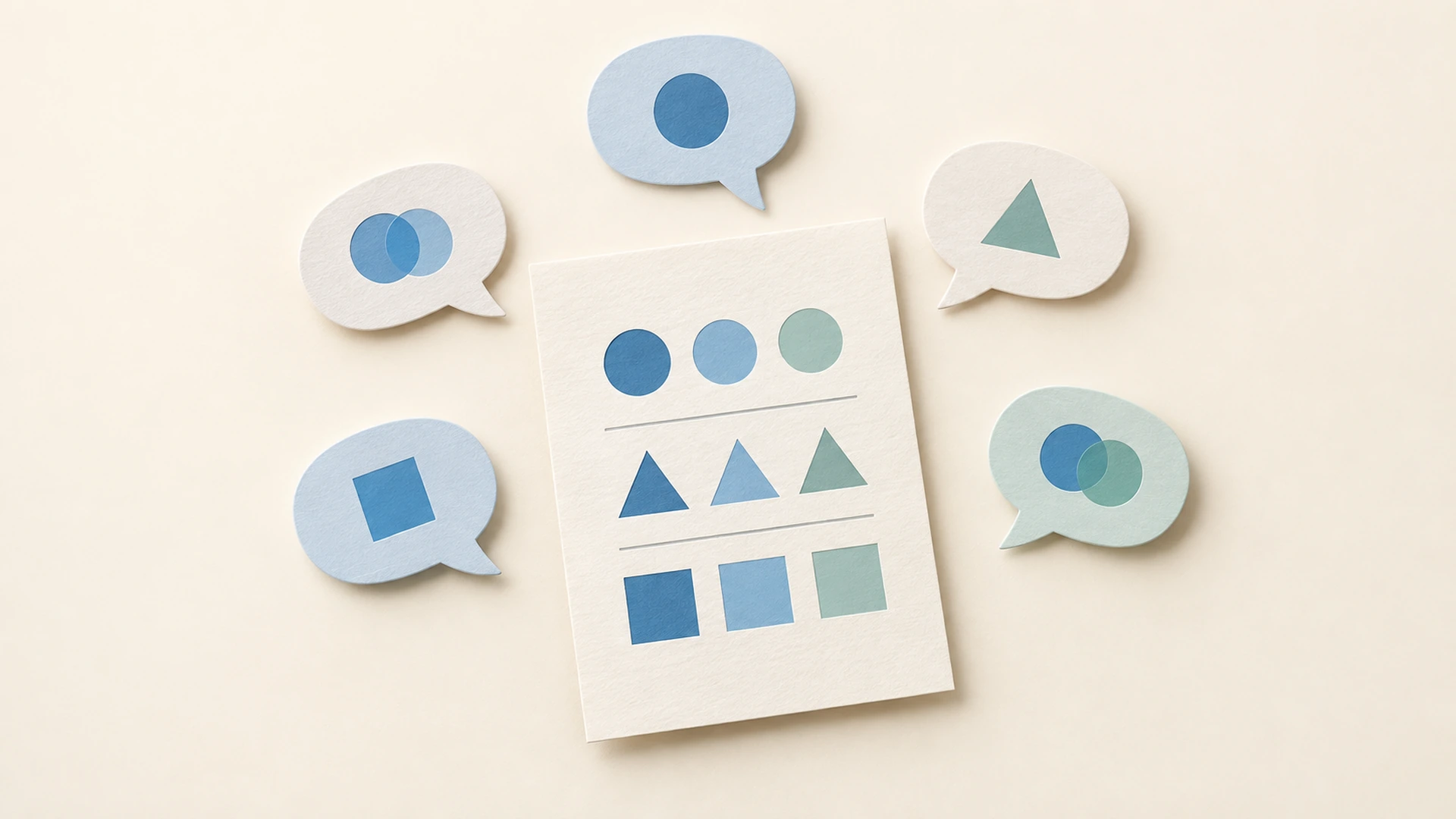 Bulles de dialogue en papier autour d’un document aux formes regroupées, illustrant les points communs entre des entretiens utilisateurs
