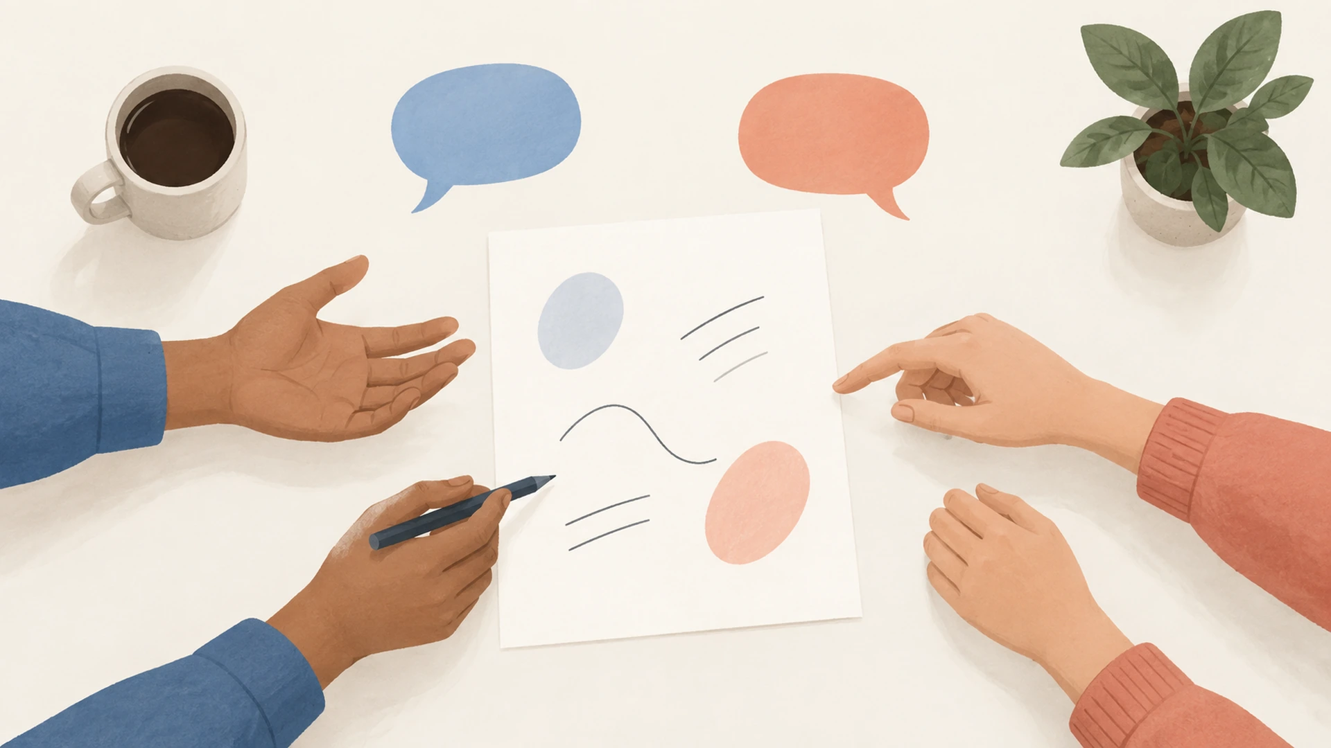 Two people discussing a shared brief with blue and coral speech bubbles representing a bilingual client discovery meeting