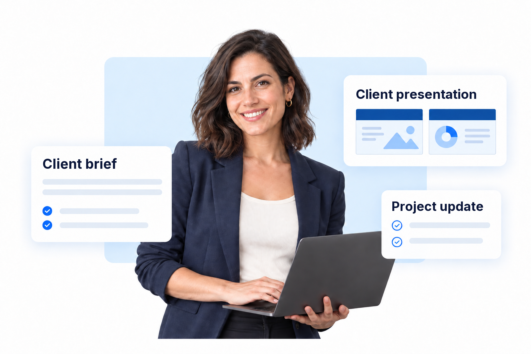 An agency lead with a laptop beside cards showing a client brief, client presentation, and project update.