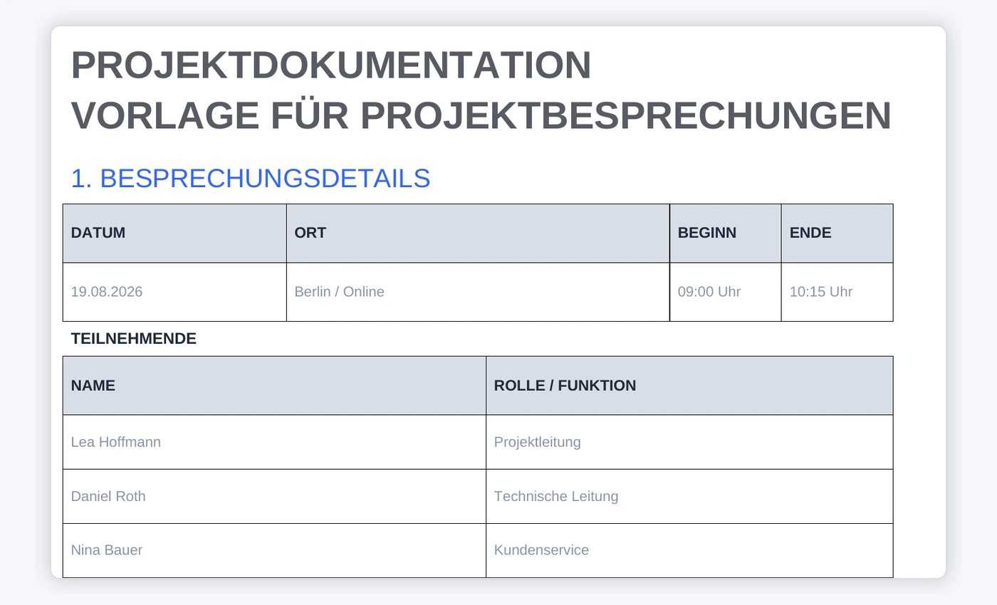 Projektdokumentations-Vorlage mit ausgefüllten Beispielangaben