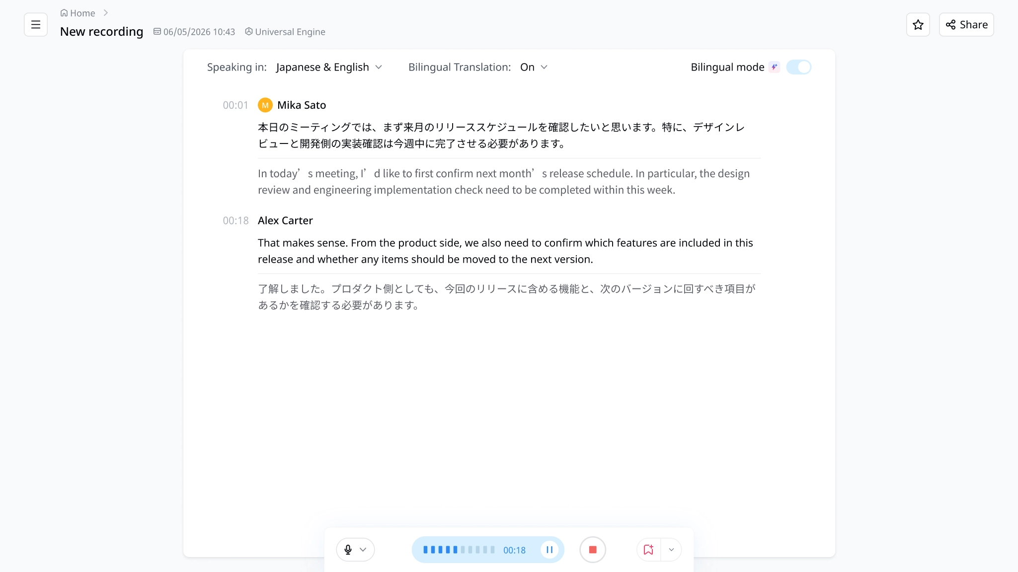 Interface de transcription et traduction bilingue Notta pour les réunions multilingues