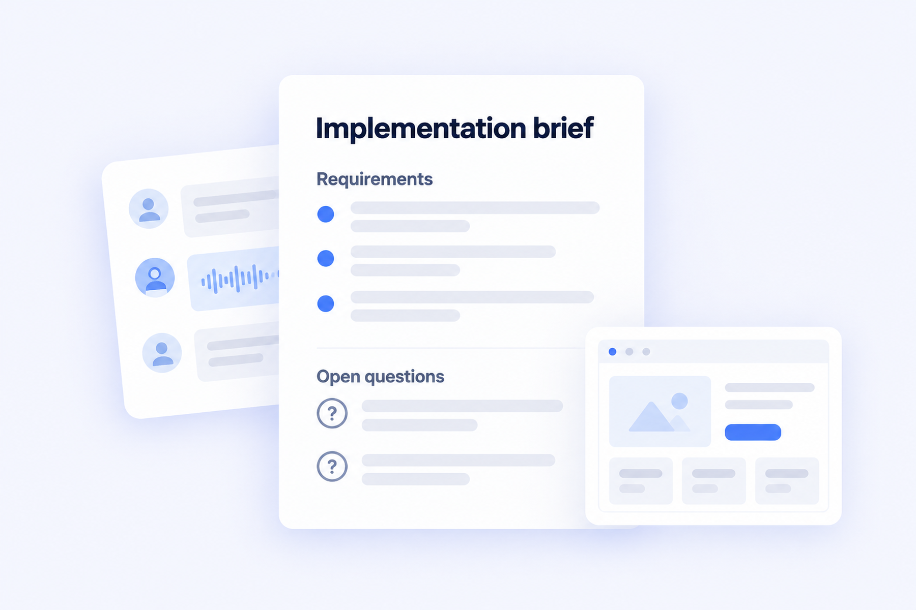 An implementation brief separates requirements from open questions alongside a website wireframe.