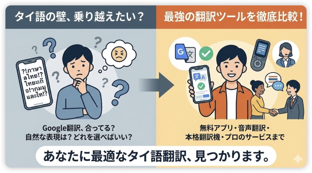 スマートフォンの画面に時刻が表示されている旅行先や学習時に翻訳アプリを起動しタイ語のフレーズを調べる場面を連想させる写真