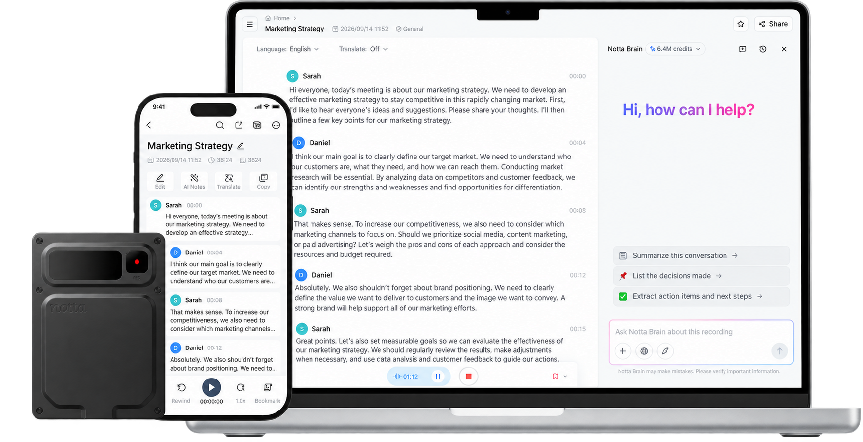 Notta Memo Pro connected with a smartphone and computer