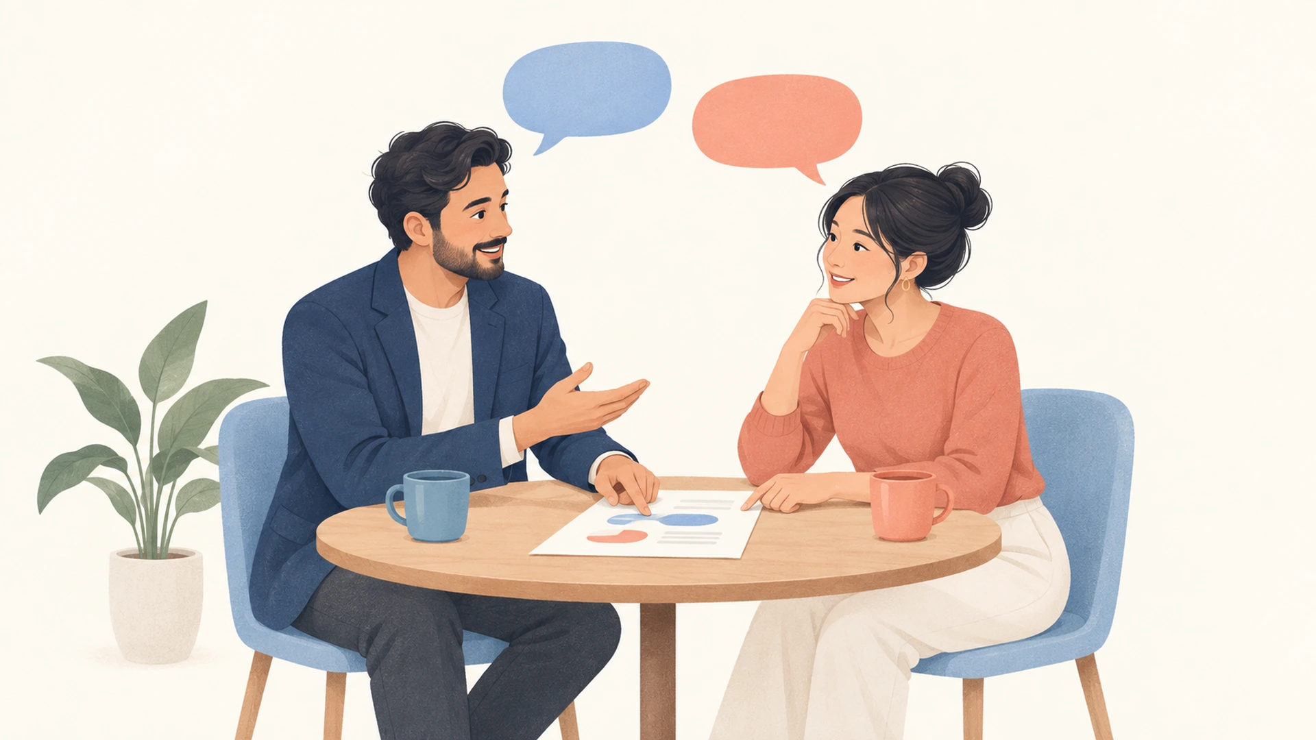 Two professionals discussing a shared document, with blue and coral speech bubbles representing a bilingual client conversation