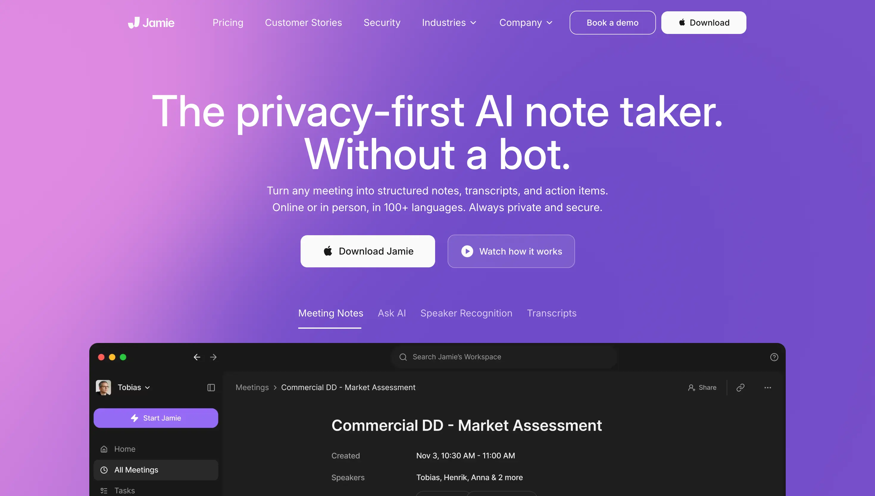 Jamie bot-free meeting assistant for online and in-person conversations