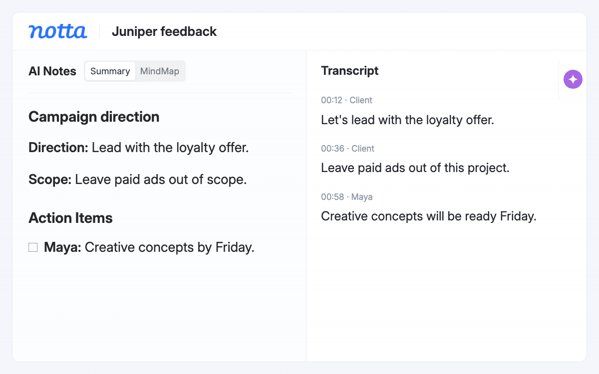 AI Notes recaps a client feedback call, then Notta Brain combines it with the kickoff meeting to create a team brief.