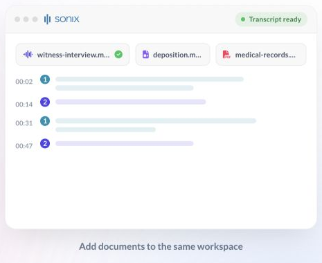 Sonix homepage demonstration showing speaker-labeled transcript lines and document tabs.
