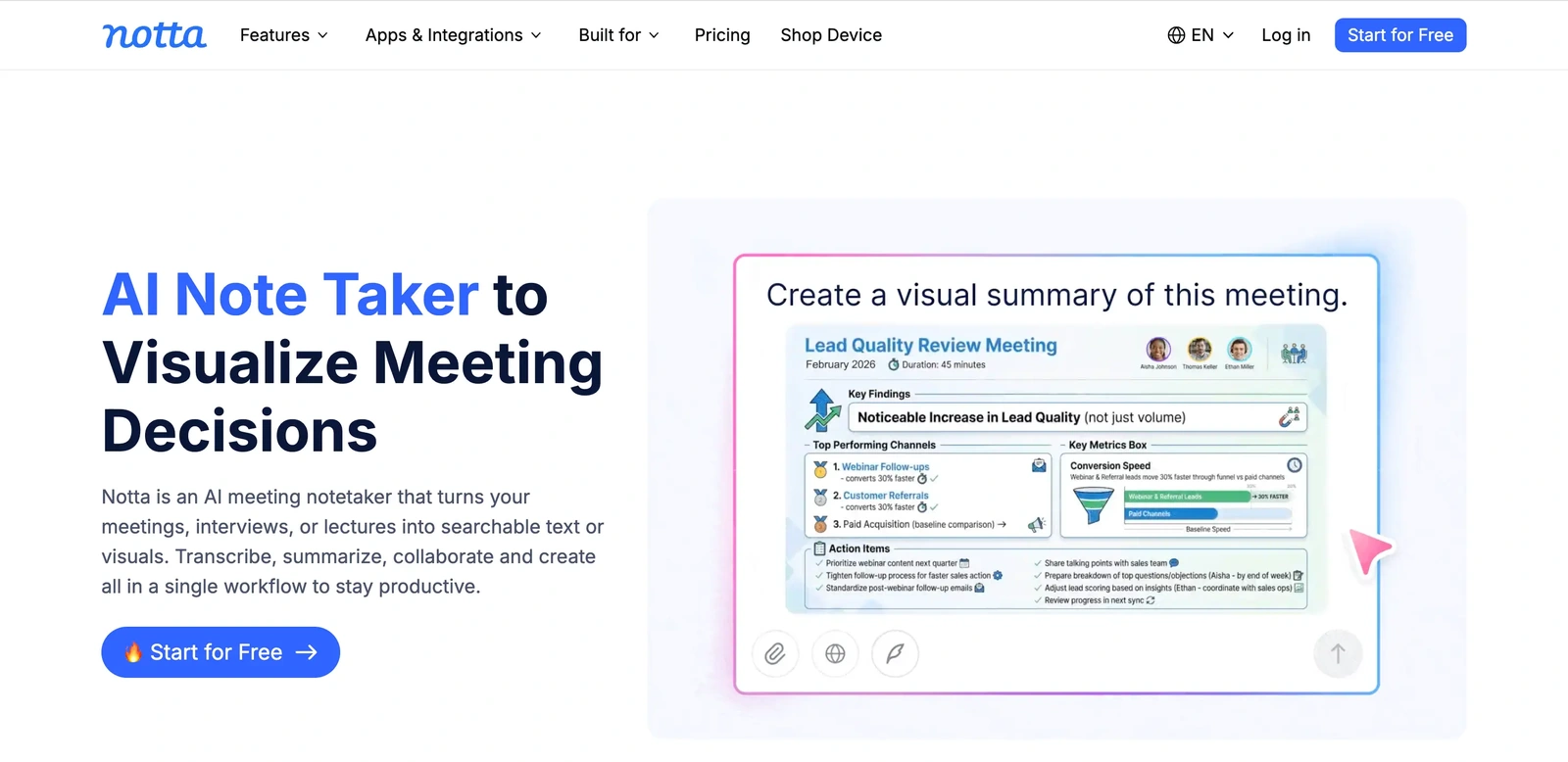 Notta homepage introducing meeting notes and a visual meeting summary