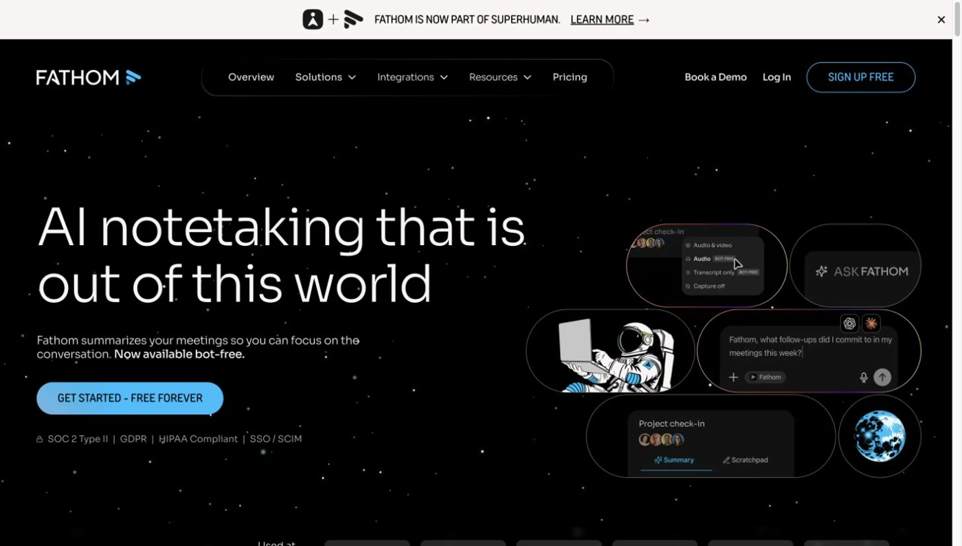 Fathom homepage showing bot-free recording, Ask Fathom and meeting summaries