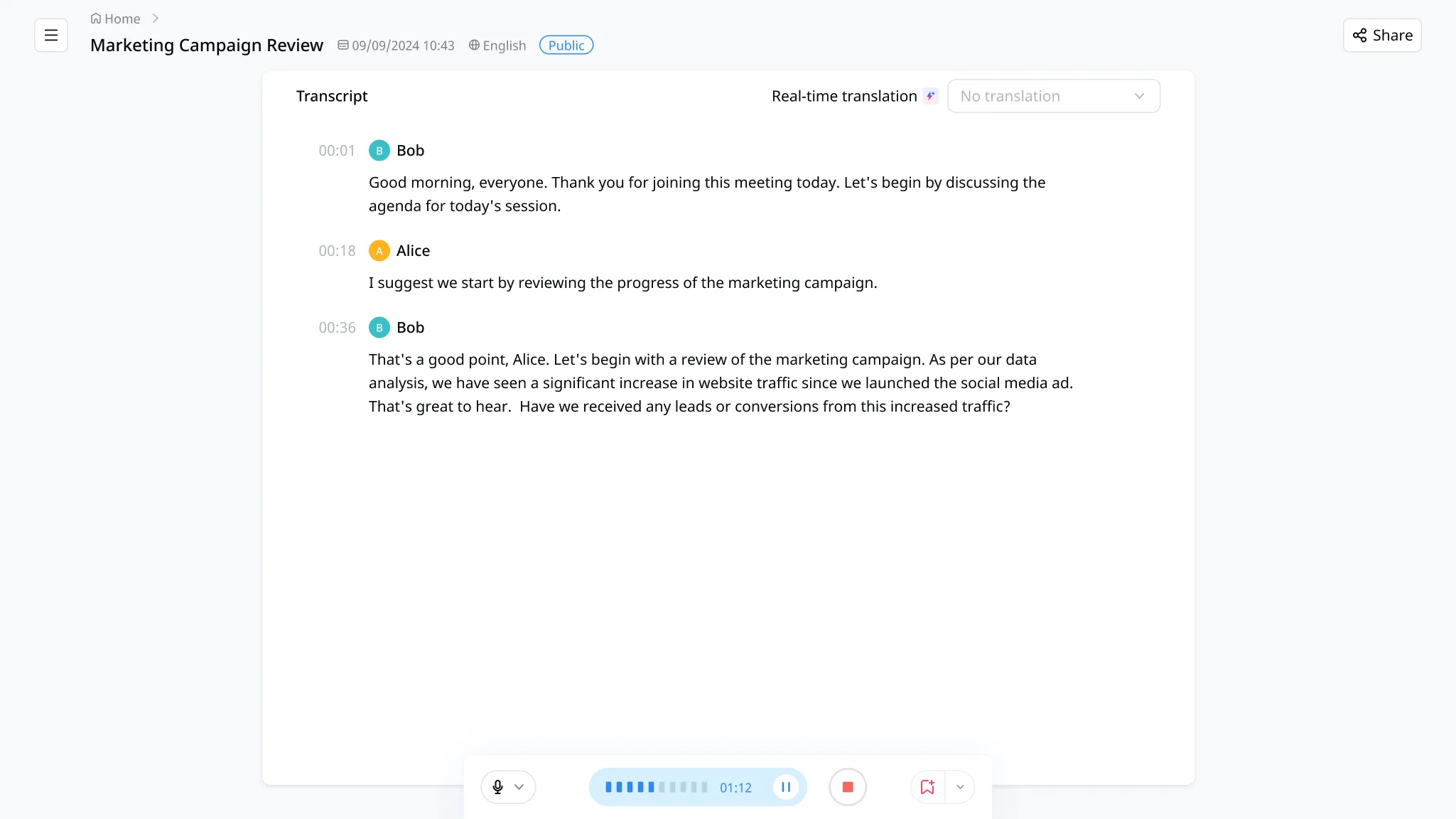 Interface de transcription en temps réel de Notta pendant une réunion