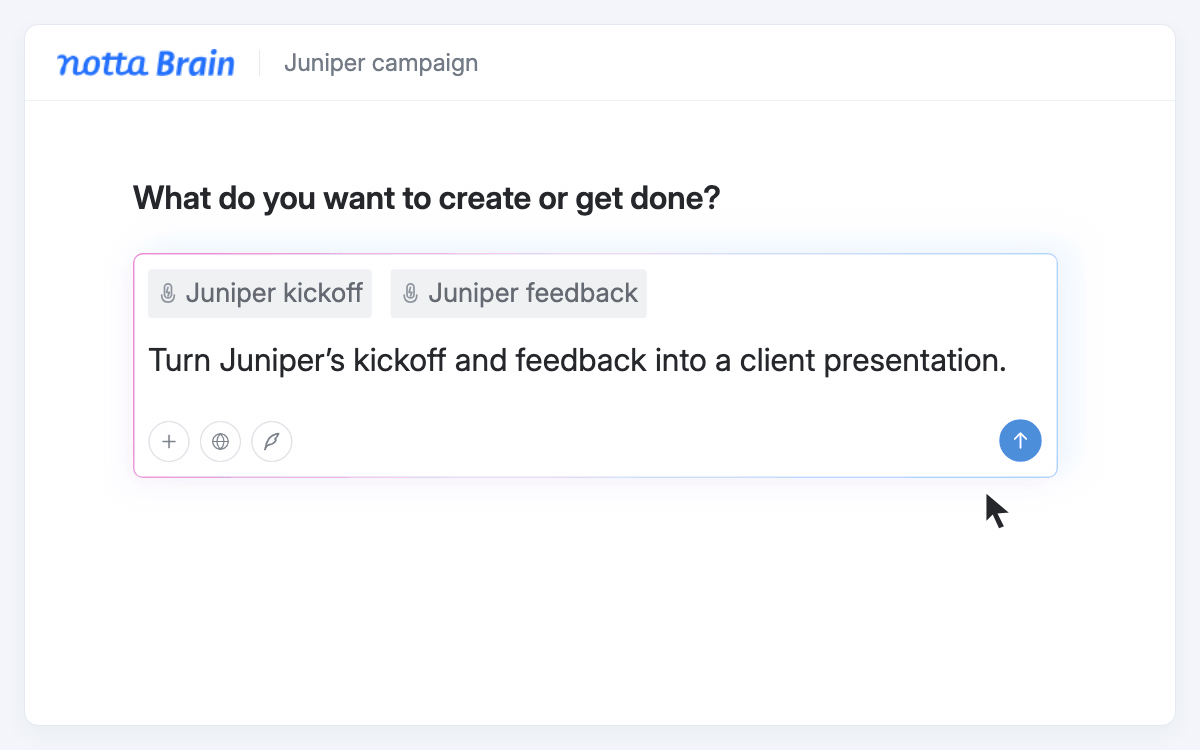 Notta Brain turns selected client meetings into a presentation preview and PowerPoint file.