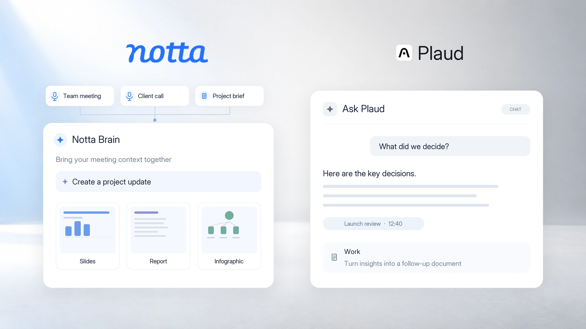 Illustration of Notta Brain bringing meeting context into slides, reports and infographics, beside Ask Plaud answers and document creation.