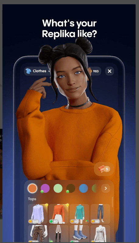 A 3D Replika character with customization options