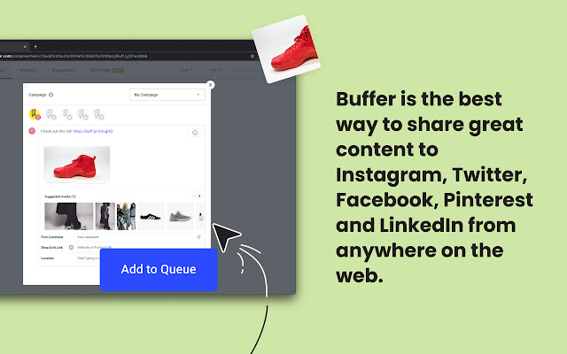 A black arrow pointing to the Add to Queue feature in Buffer