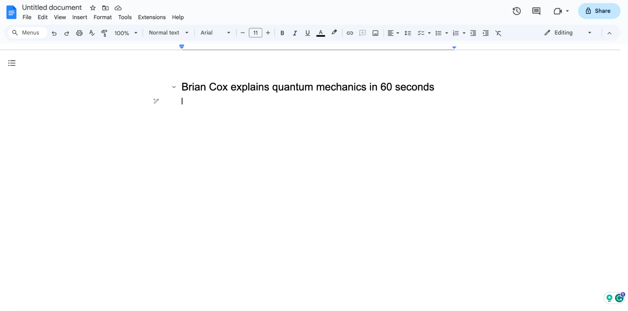 A blank Google Doc with the title of a video