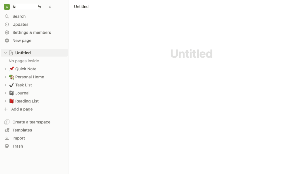 A blank page in Notion