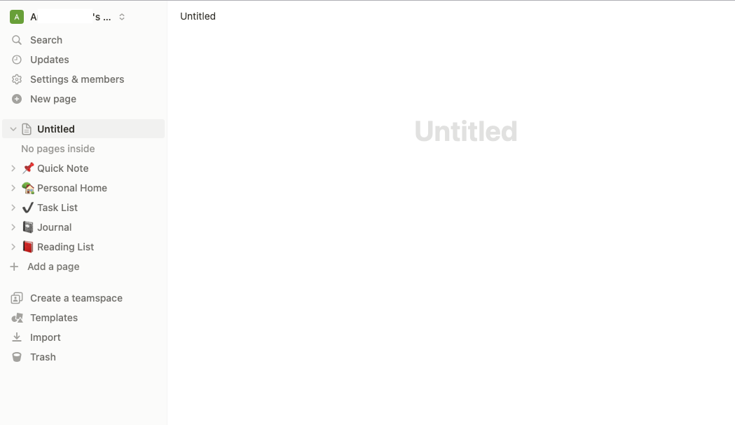 Una pagina vuota in Notion