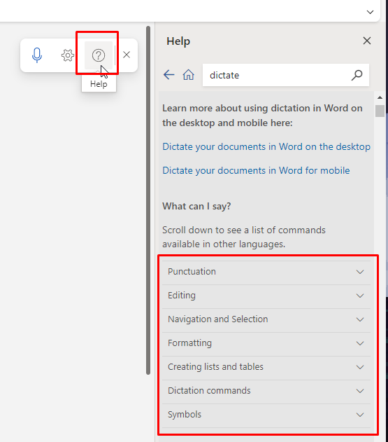 A full list of dictation commands