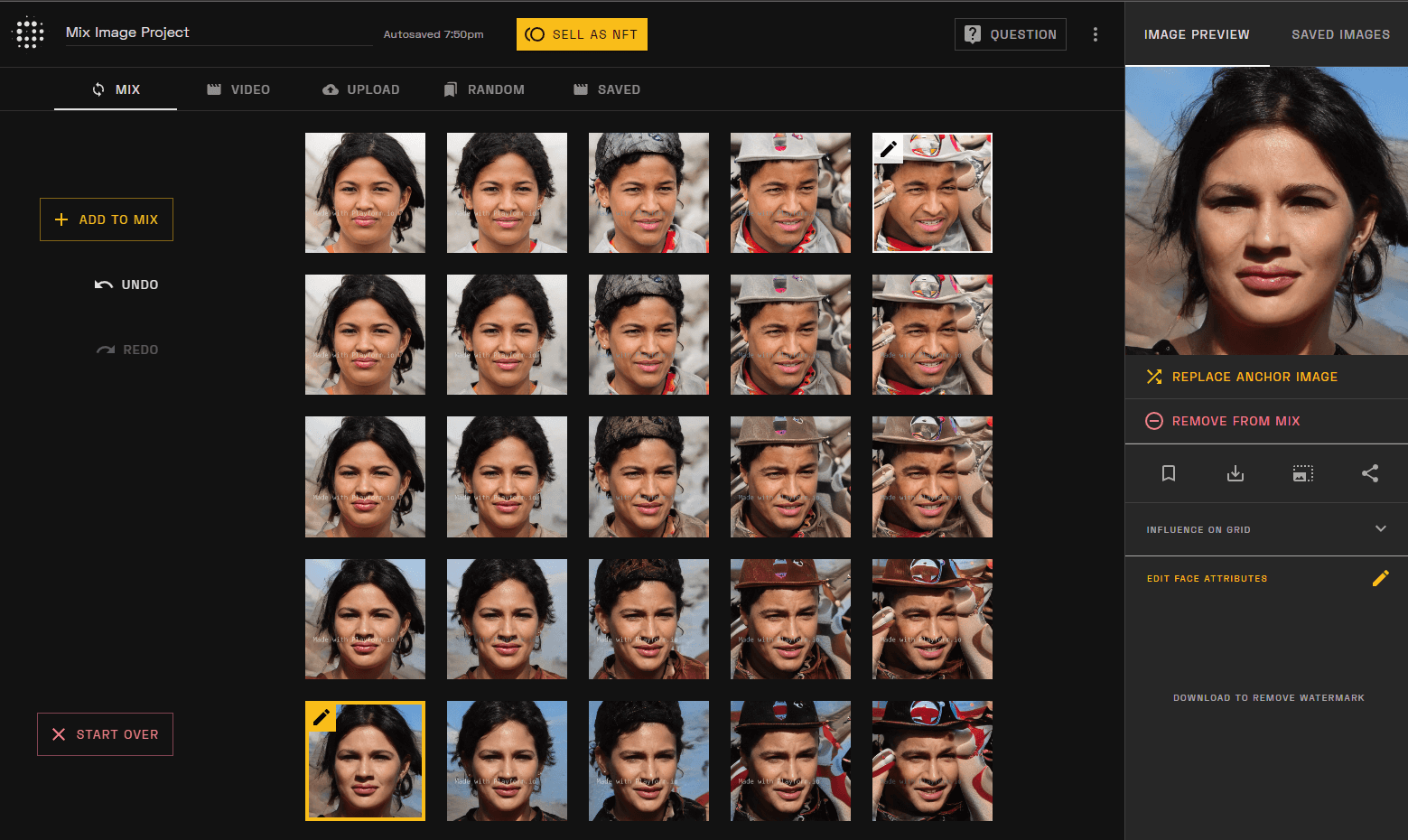 A grid with two AI faces blended together in a variety of ways to create new face designs