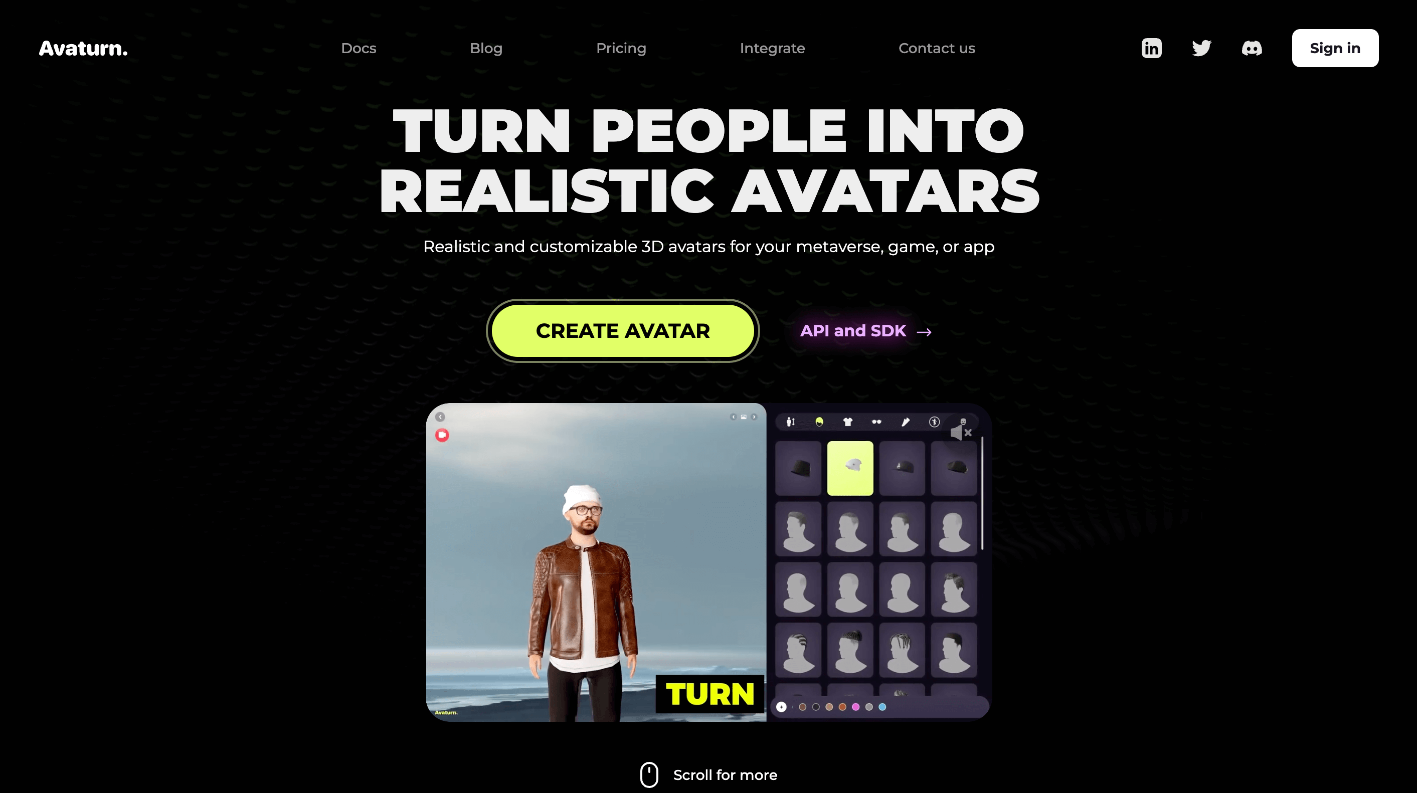 A homepage of editing the 3D avatar in Avaturn and showing animation options