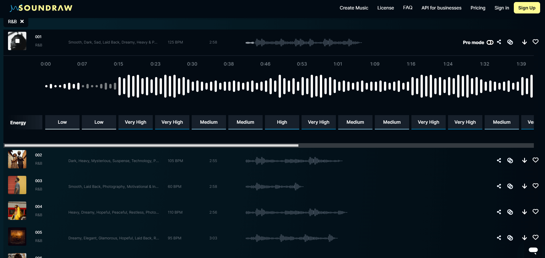 A list of AI generated R&B music tracks on Soundraw’s website