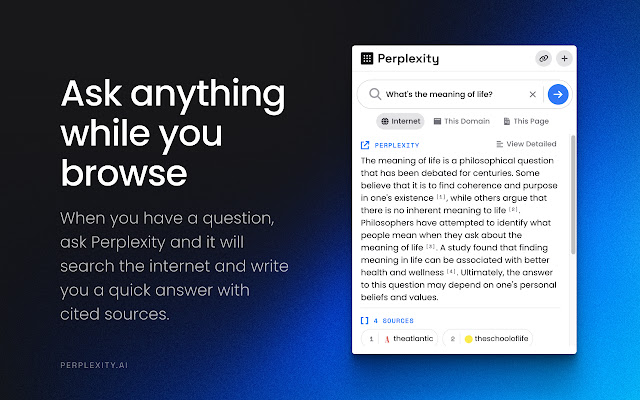 A marketing image of the Perplexity extension answering a question from a user