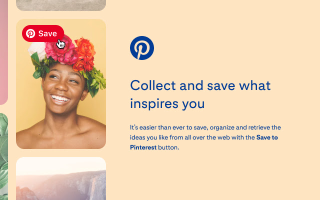 A marketing photo for the Pinterest extension showing a mouse hovering over the save button