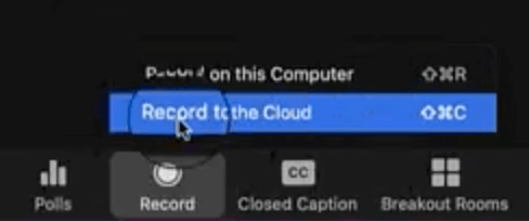 Una freccia del mouse che punta a Registra nel Cloud (Screenshot dal canale YouTube di Zoom)