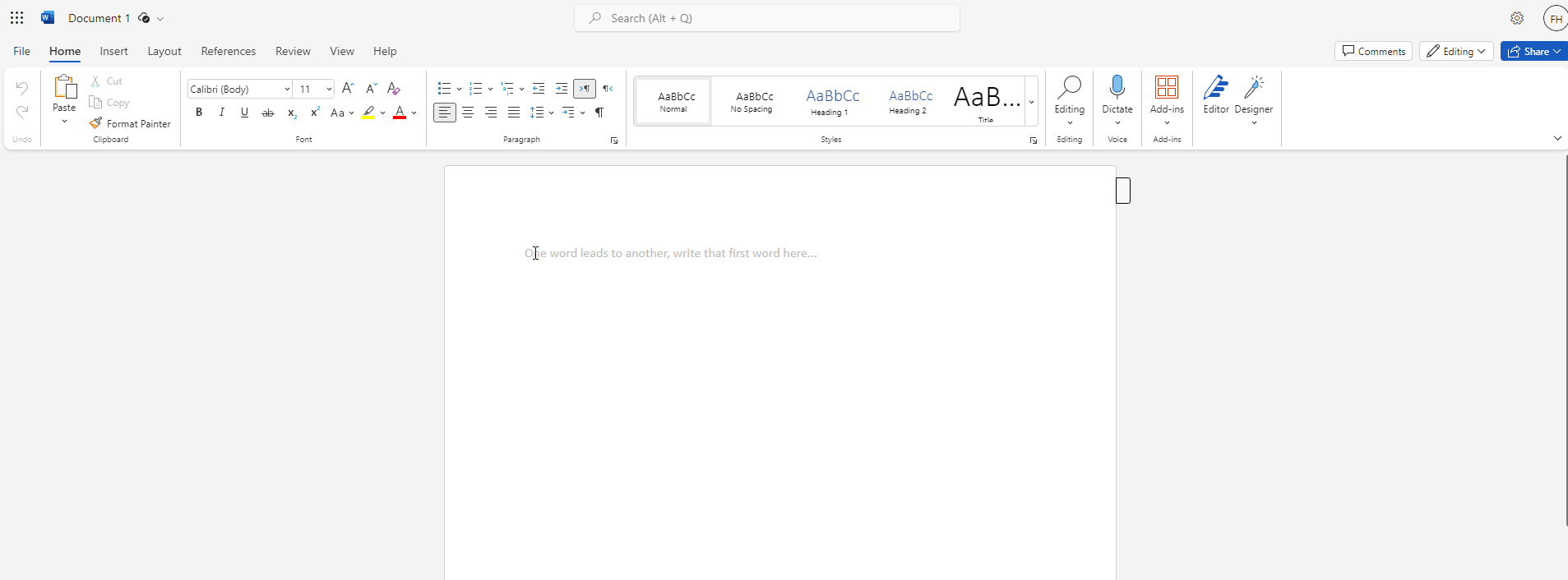 A new document in Microsoft Word