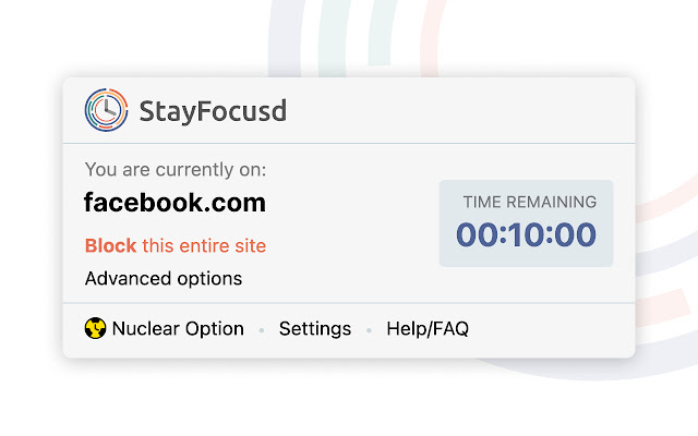 A notification on the StayFocusd app showing that Facebook is blocked for 10 minutes