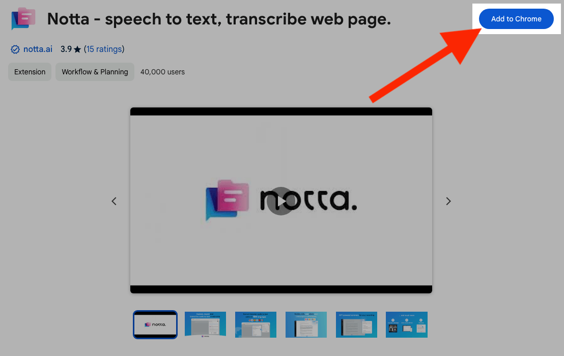 A red arrow pointing at the Add to Chrome button