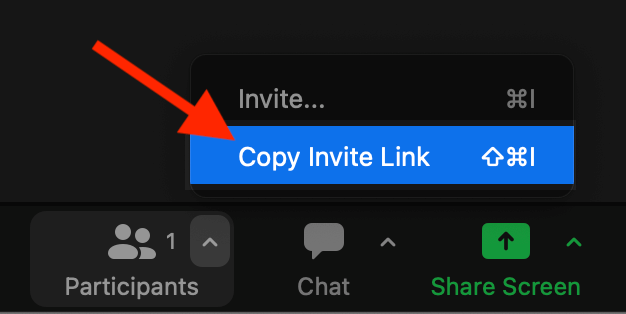 A red arrow pointing at the Copy Invite Link button in Zoom