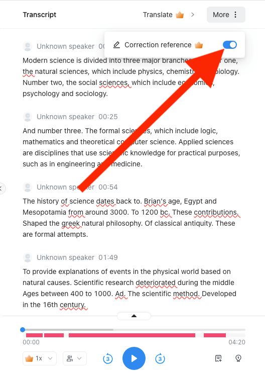 A red arrow pointing at the Correction Reference option