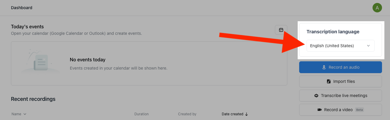 A red arrow pointing at the drop-down menu for Transcription language