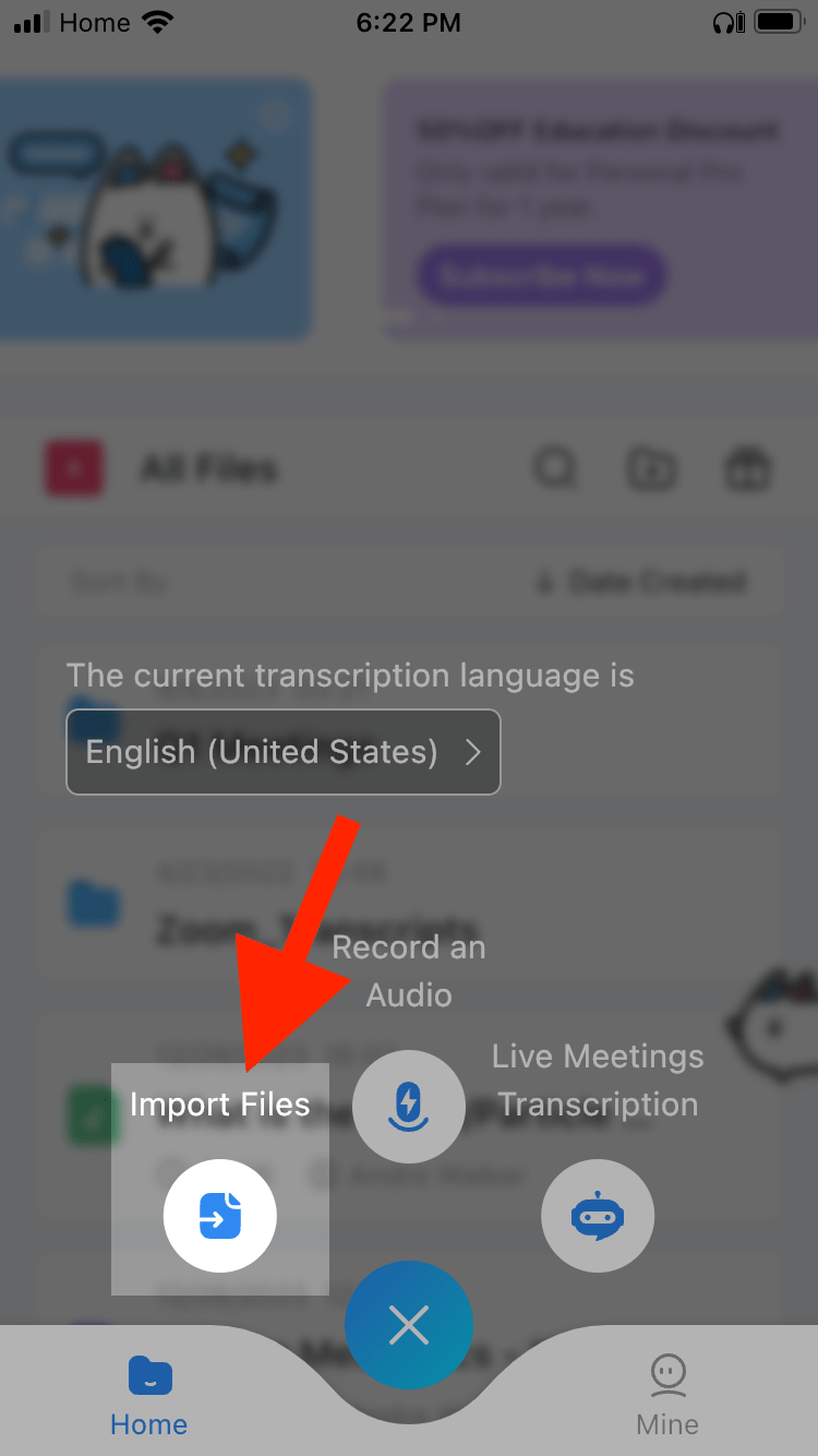 A red arrow pointing at the Import Files