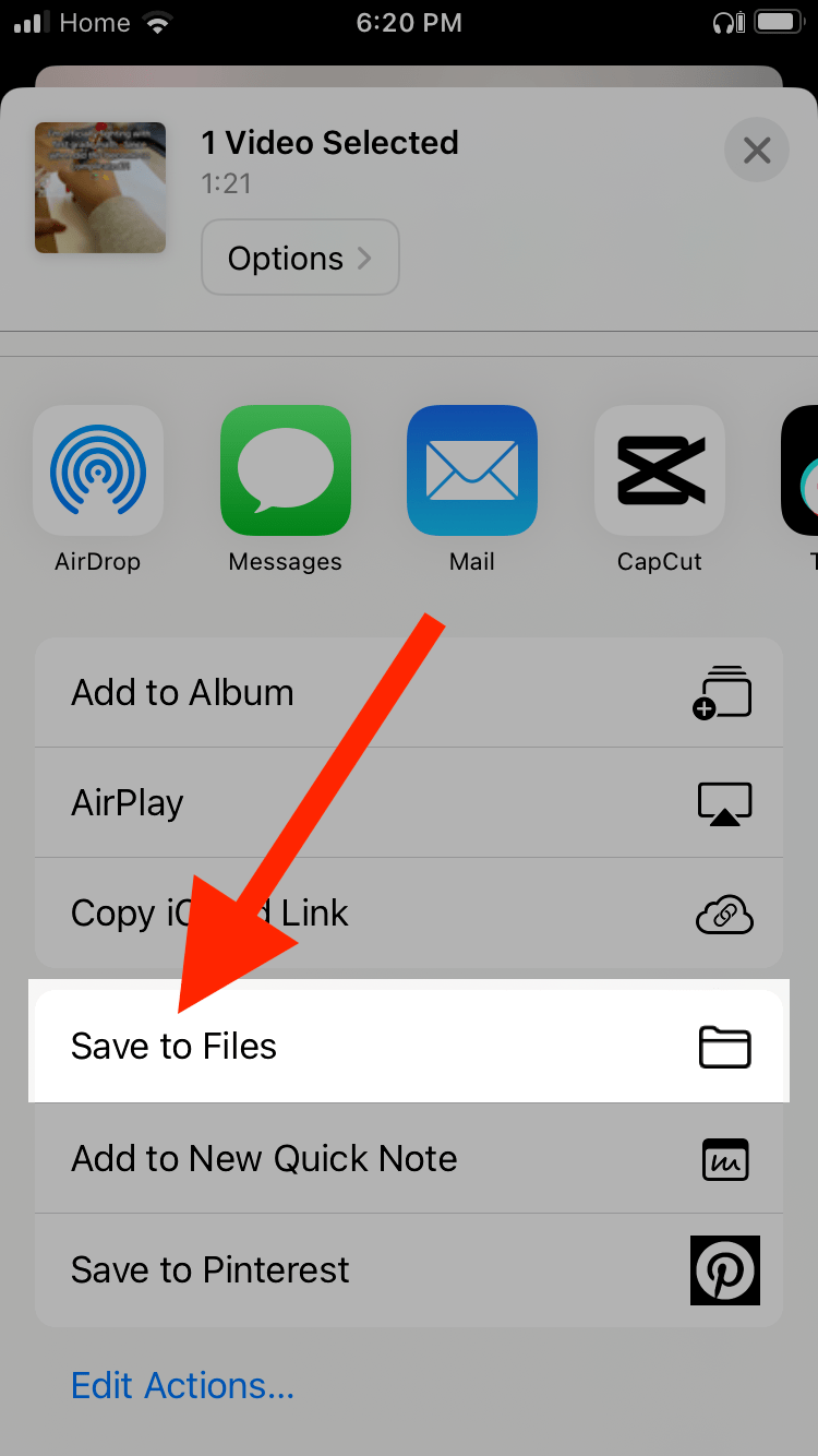 A red arrow pointing at the Save to Files button