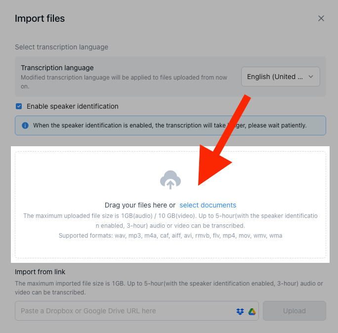 A red arrow pointing at the select documents window