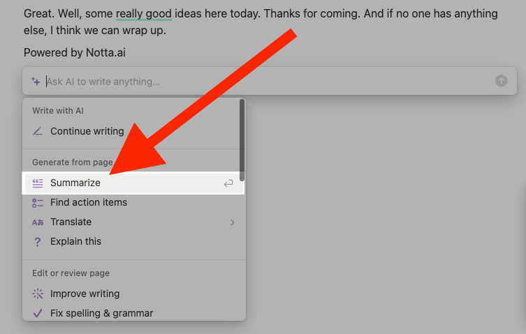 A red arrow pointing at the Summarize button