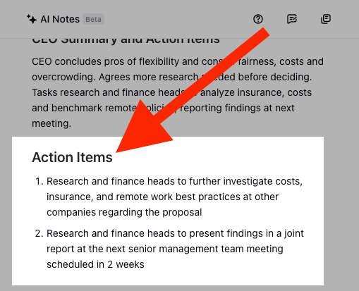 A red arrow pointing to Action Items
