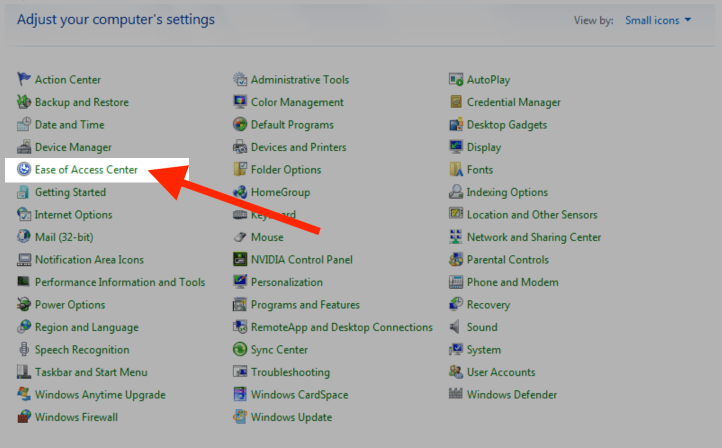 A red arrow pointing to Ease of Access Center
