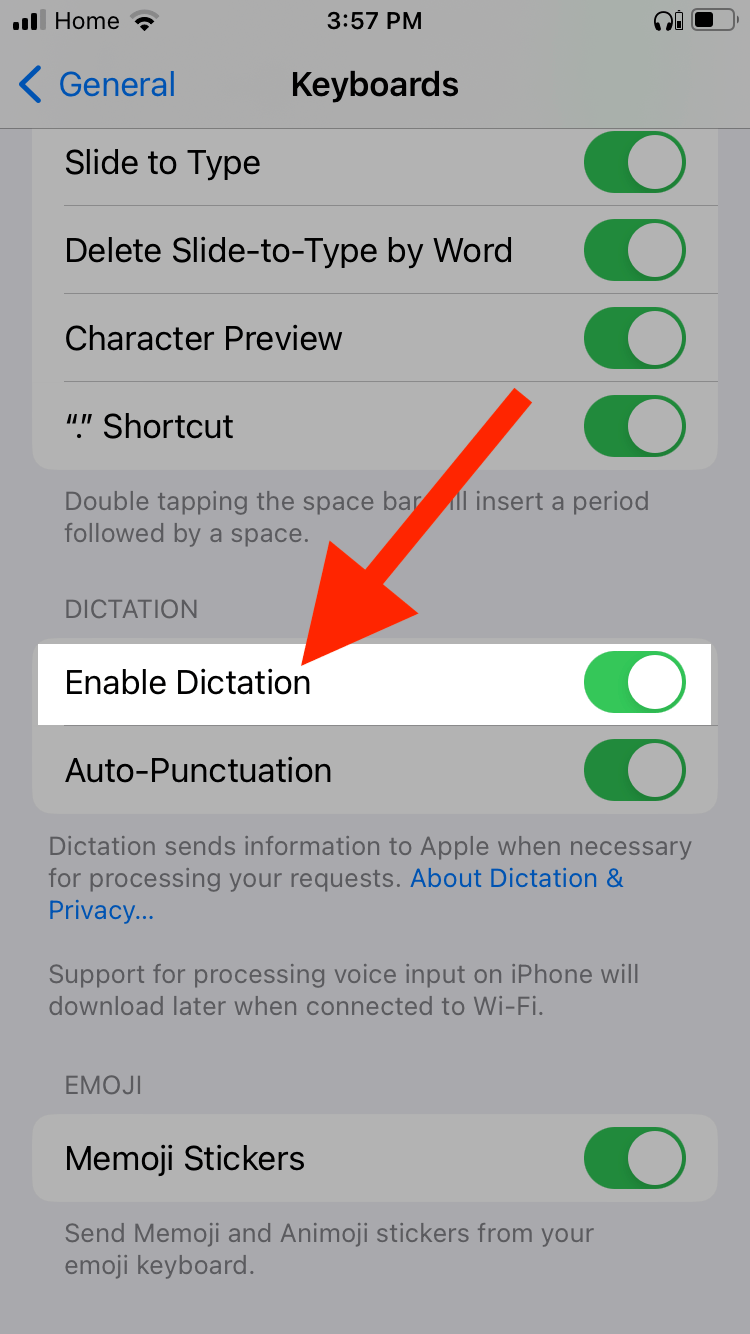 A red arrow pointing to Enable Dictation
