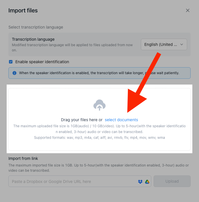 A red arrow pointing to Select Documents